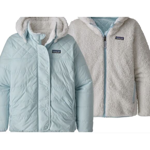 Patagonia Dream Song White Blue Reversible Fleece Coat Jacket KIDS GIRLS sz L - Picture 1 of 10